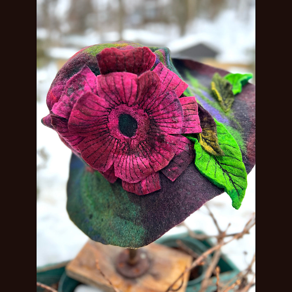 Felted top hat with rose 23” medium