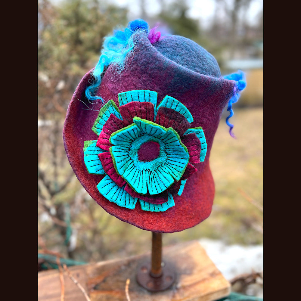Felted top hat with flower 22” small