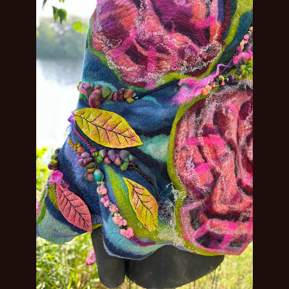 Wild Roses Large Felted Shawl 80” X 30”