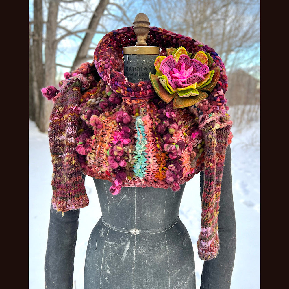 Knitted scarf made of hand spun yarn Flower included 84” X 14”