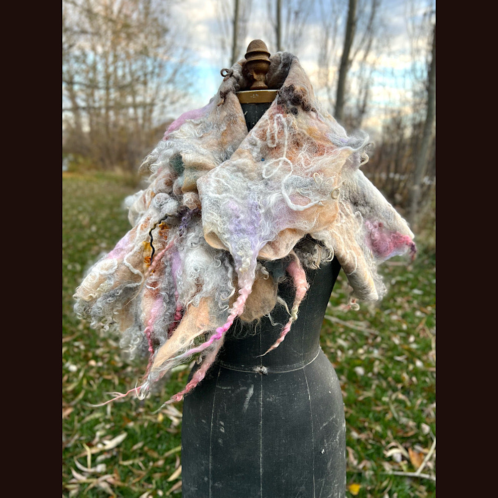 L’Esprit du bois 2024  felted shawl 72” X 22”