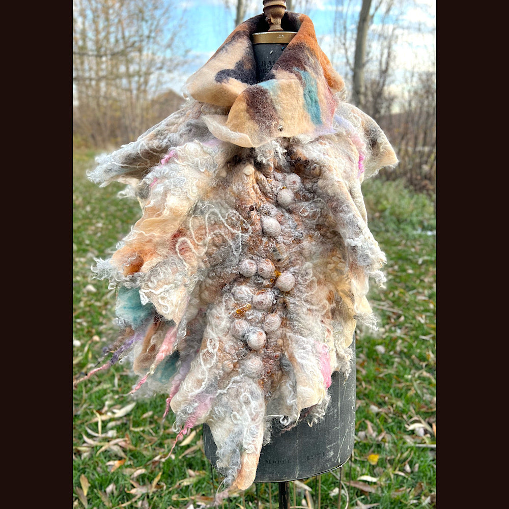 L’Esprit du bois 2024  felted shawl 72” X 22”