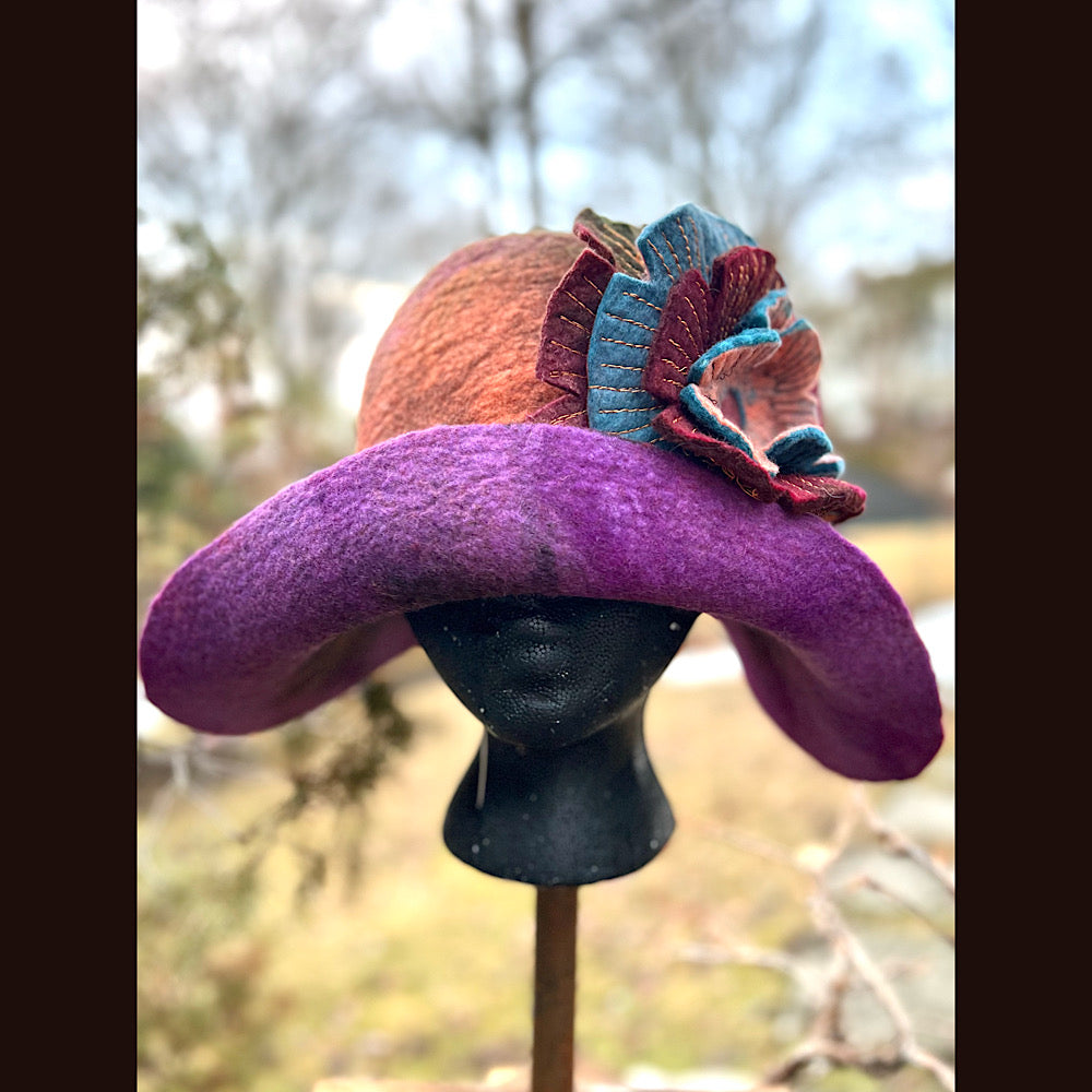 Felted cloche hat with flower 23” 1/2 medium