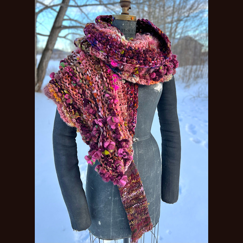Knitted scarf made of hand spun yarn Flower included 84” X 14”