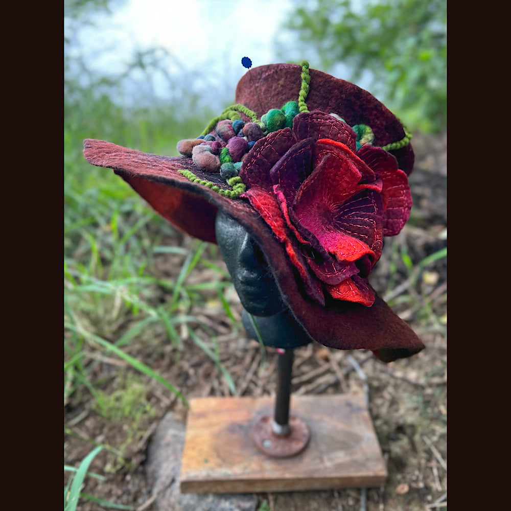 Felted top hat with rose 24” medium large