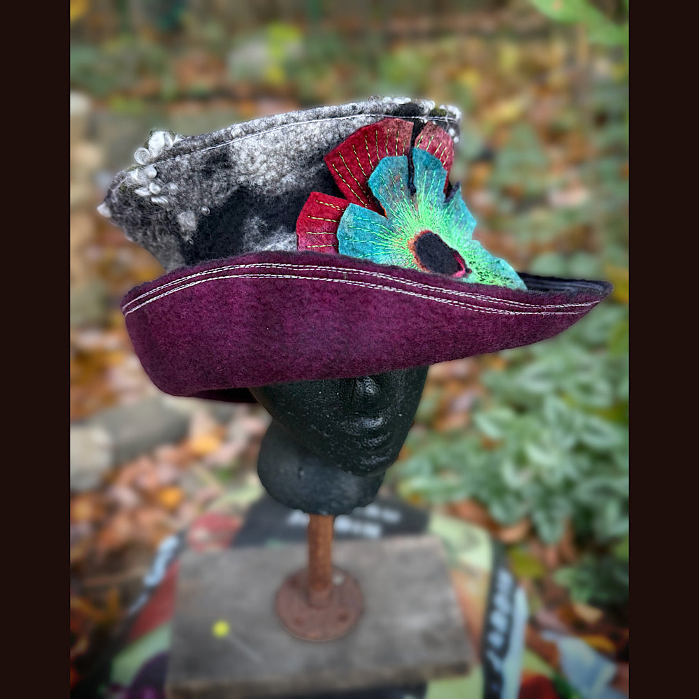 OOAK Handmade wool Felted hat 23.5” medium