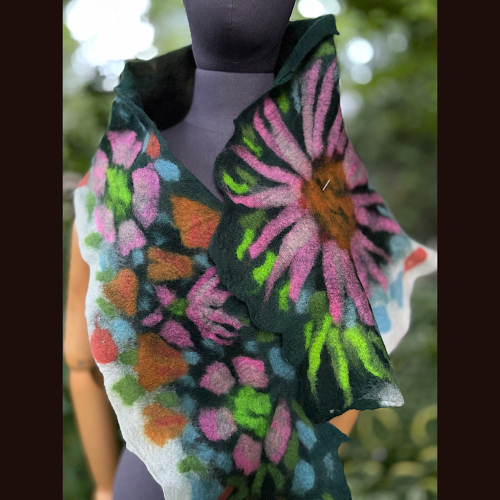 OOAK Handmade wool Felted Scarf 76” X 14”Original art work