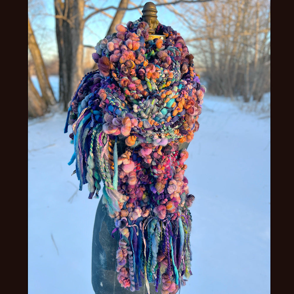 “Glorious innocence “ Woven scarf made of hand spun yarn 84” X 10”
