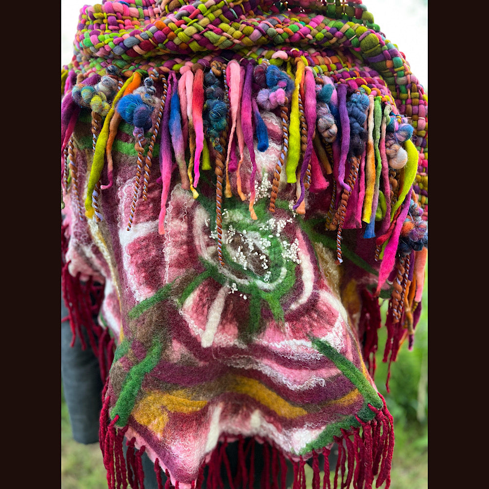 Woven shawl with felted rose 70” X 25”