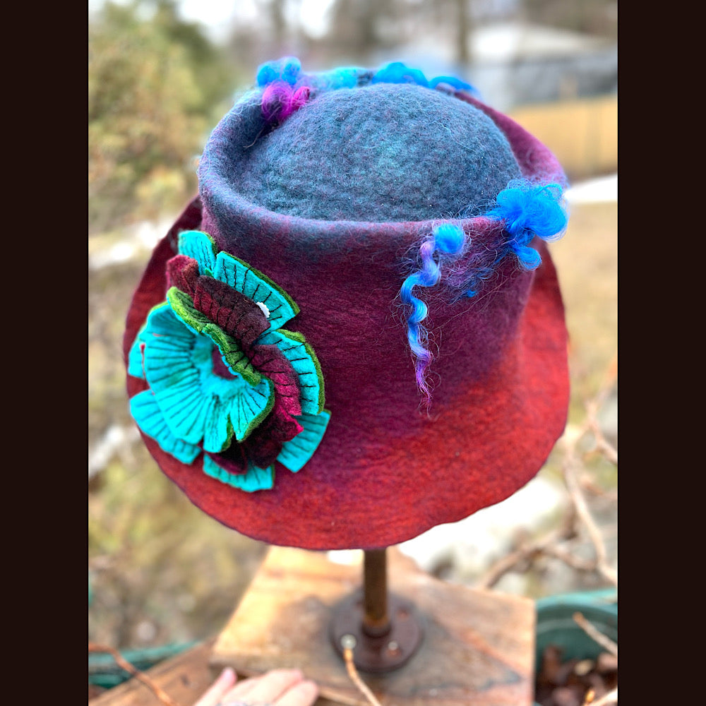 Felted top hat with flower 22” small