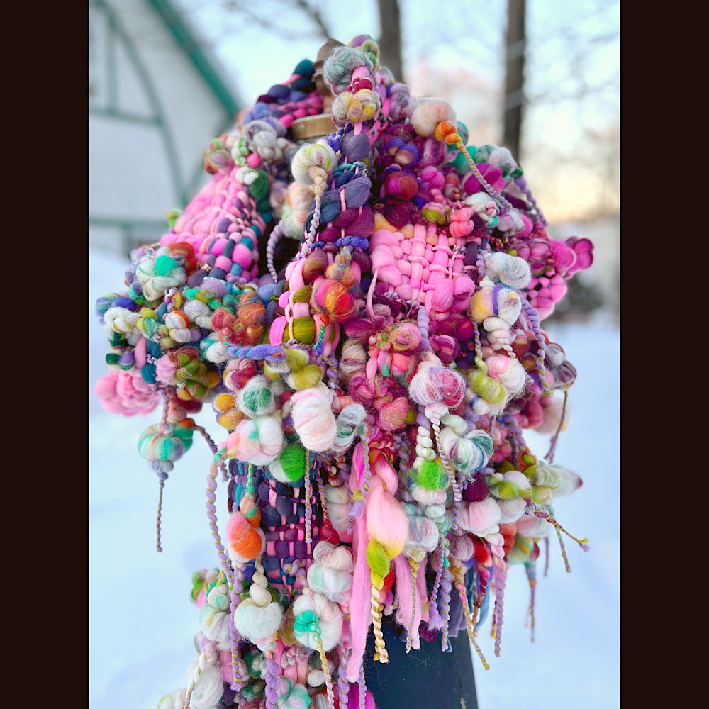 Frosted primroses woven art yarn Scarf 102” X 8” 1.6 pound!