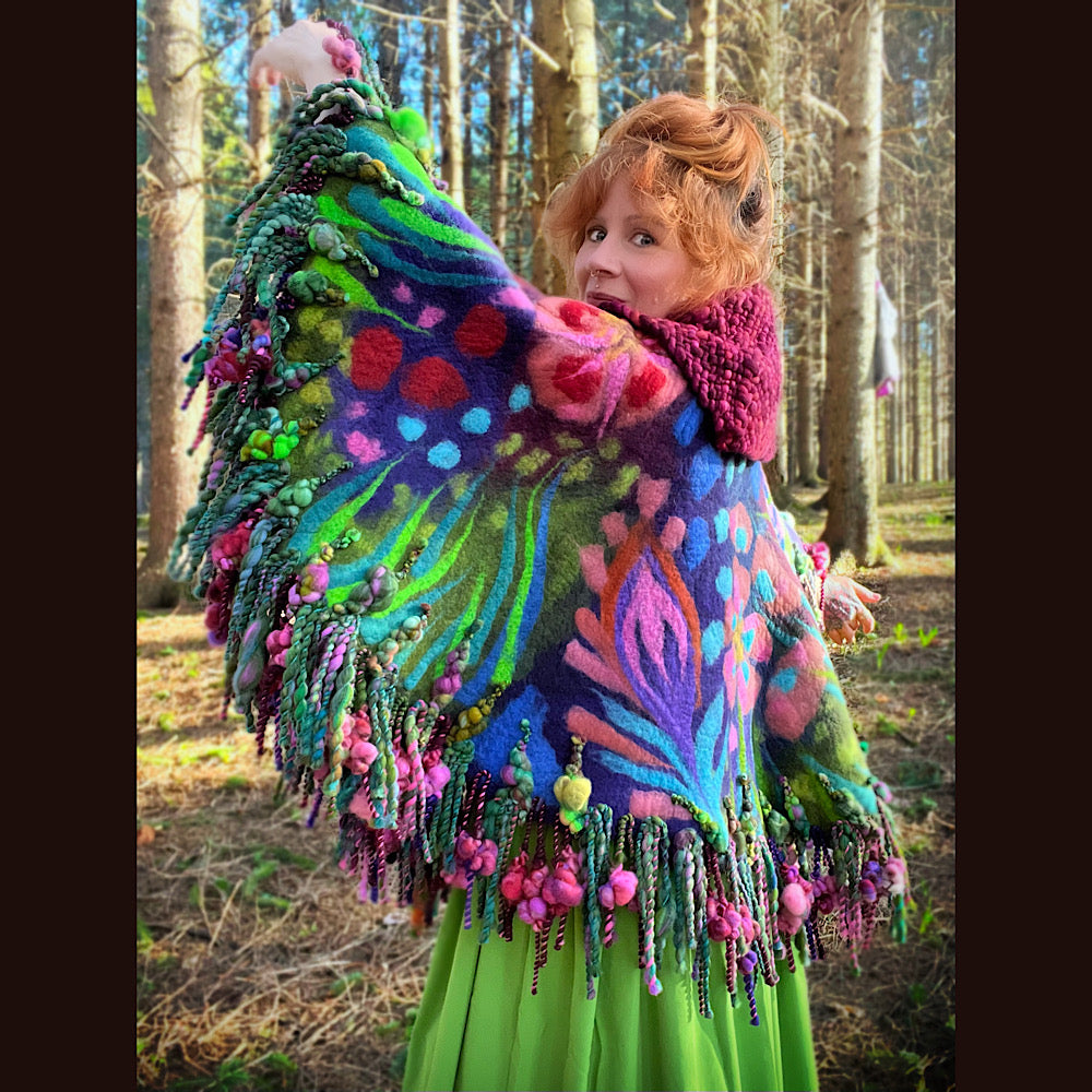 Felted cape with woven collar