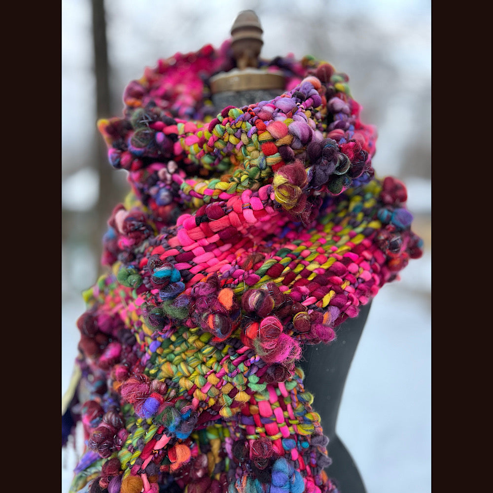 Happiness-  Woven art yarn Scarf 90” X 10”