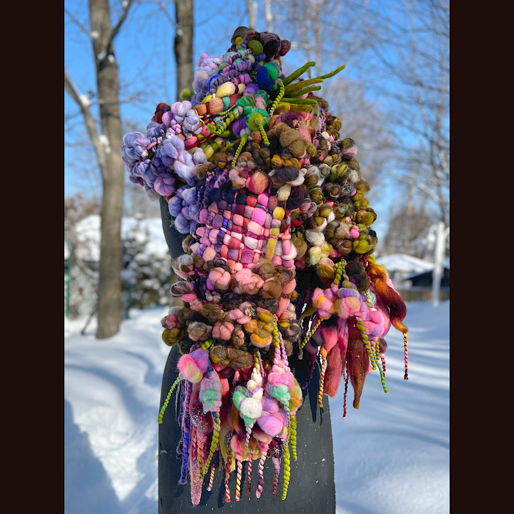 Velvet roses  woven art yarn Scarf 102” X 7 1/2”