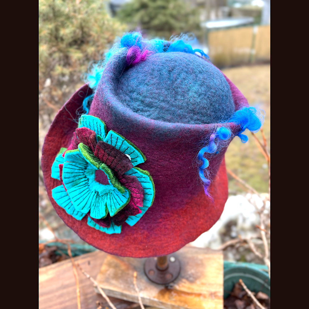 Felted top hat with flower 22” small
