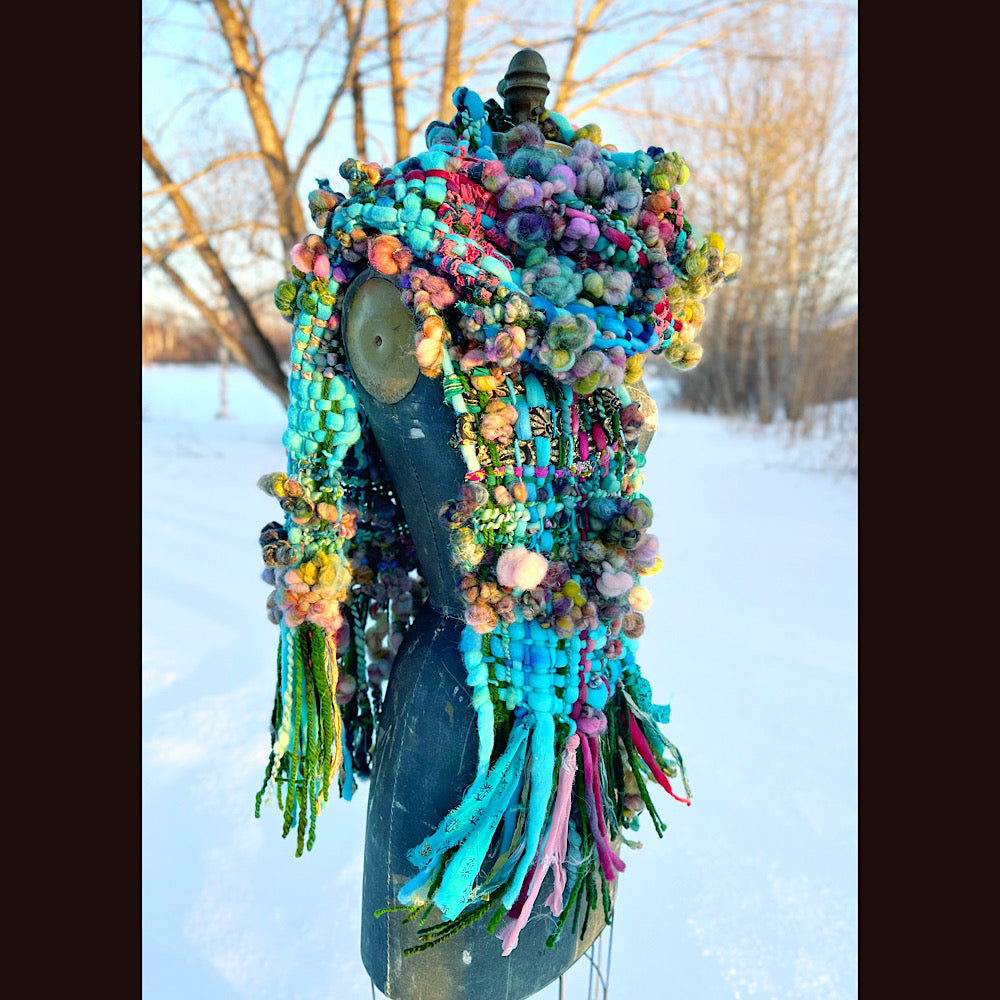 Woven scarf made of hand spun yarn 84” X 10”