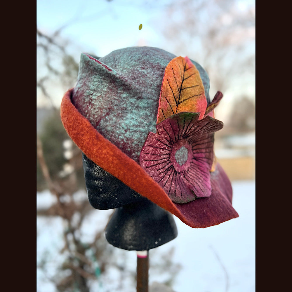 Felted top hat with flower 23” 1/2 medium