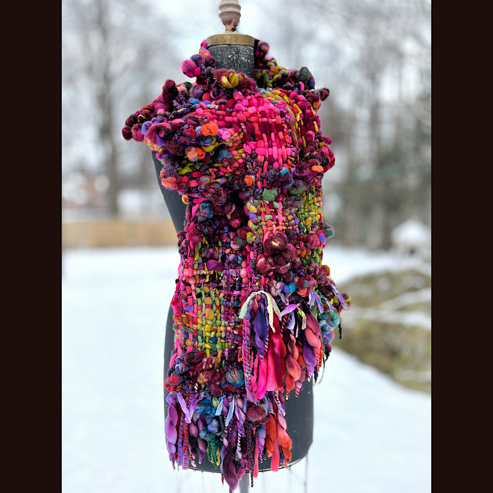 Happiness-  Woven art yarn Scarf 90” X 10”