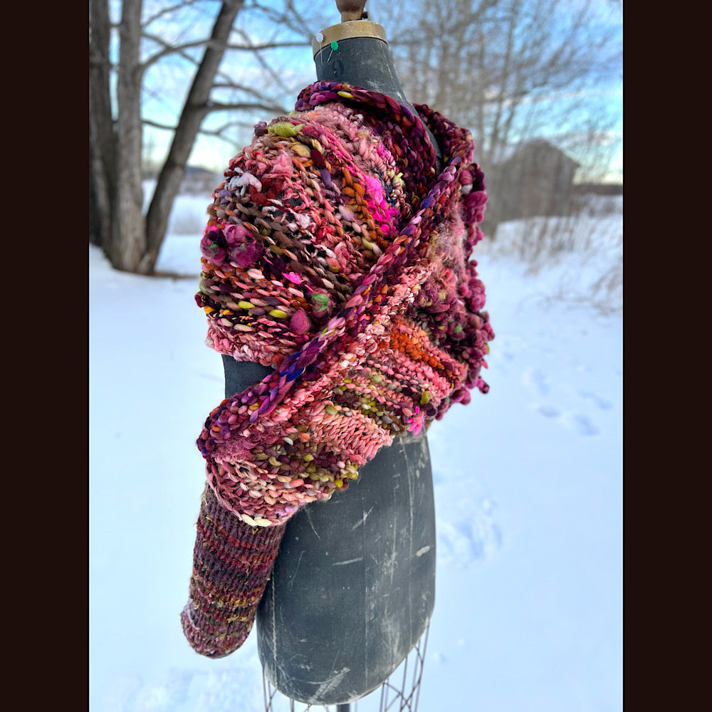 Knitted scarf made of hand spun yarn Flower included 84” X 14”