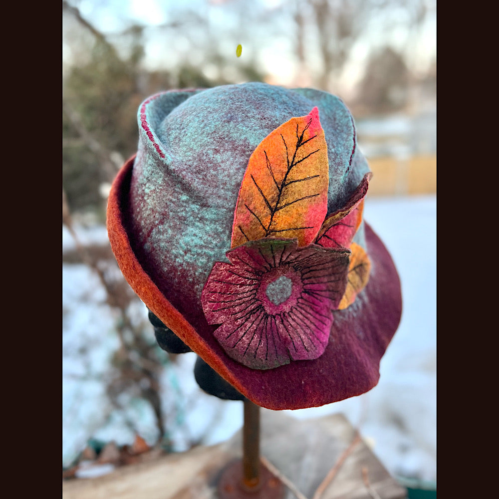 Felted top hat with flower 23” 1/2 medium