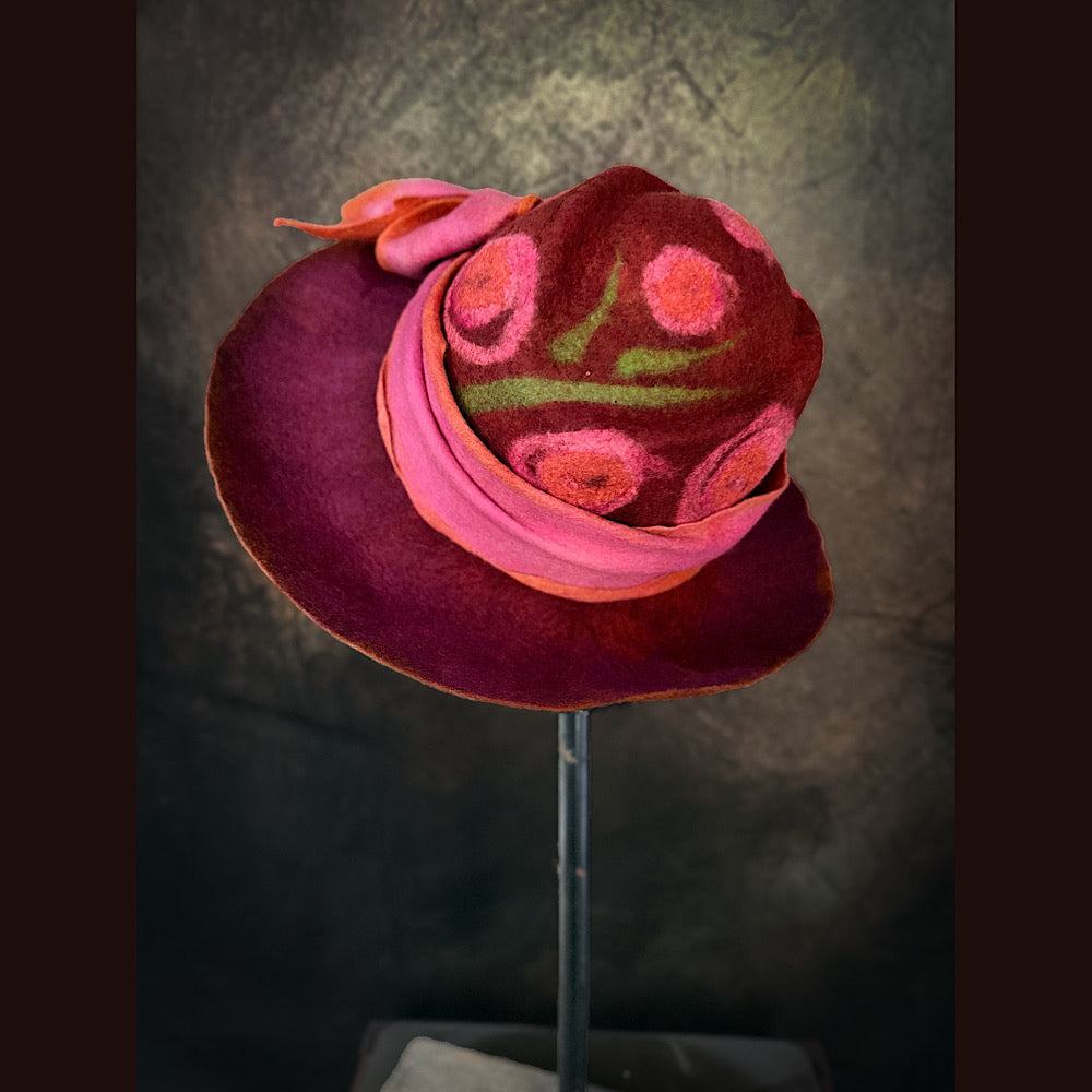 OOAK Handmade wool Felted hat 23.5” medium