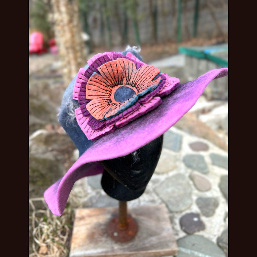 Felted top hat with rose 23” 1/2 medium