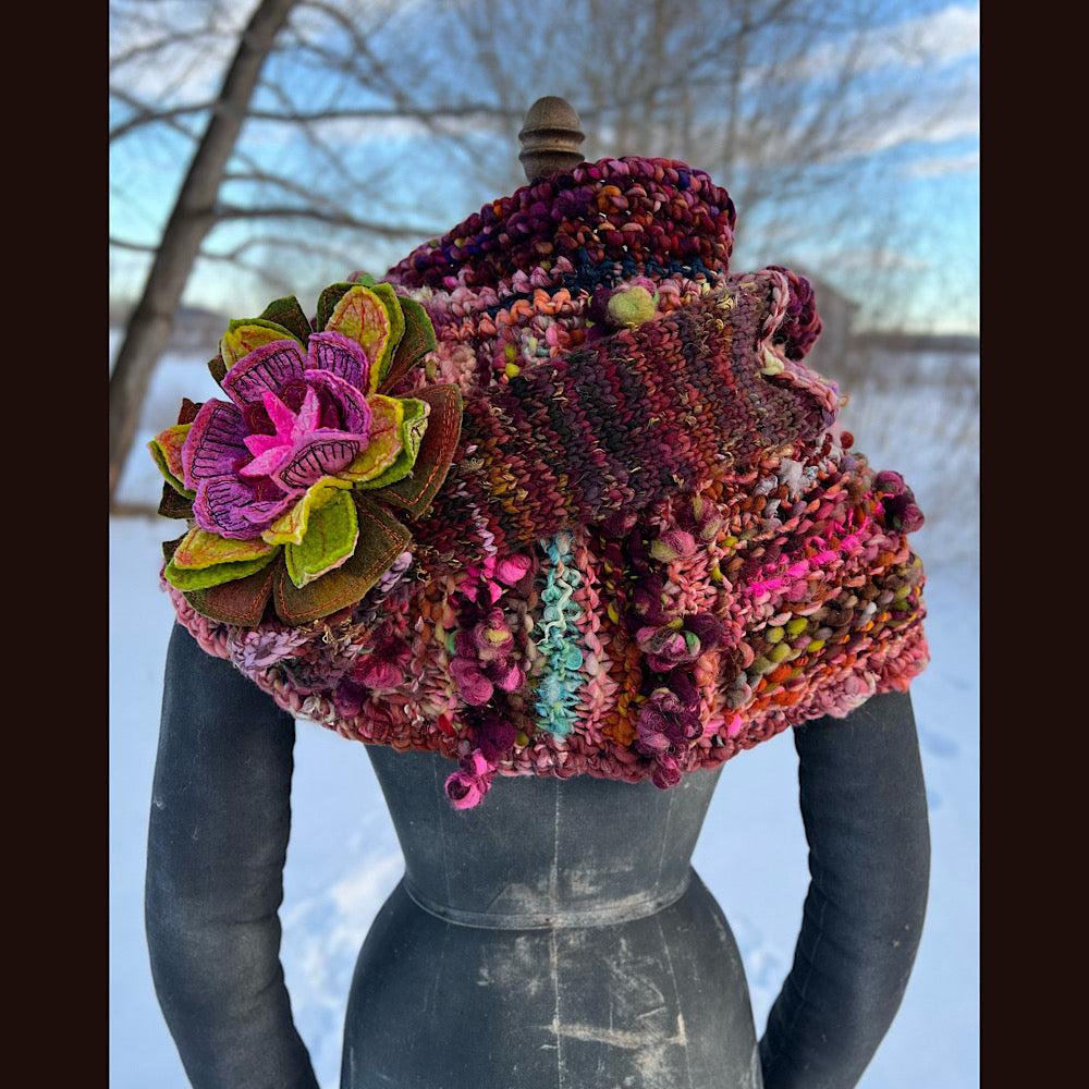 Knitted scarf made of hand spun yarn Flower included 84” X 14”