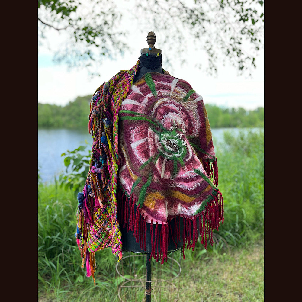 Woven shawl with felted rose 70” X 25”