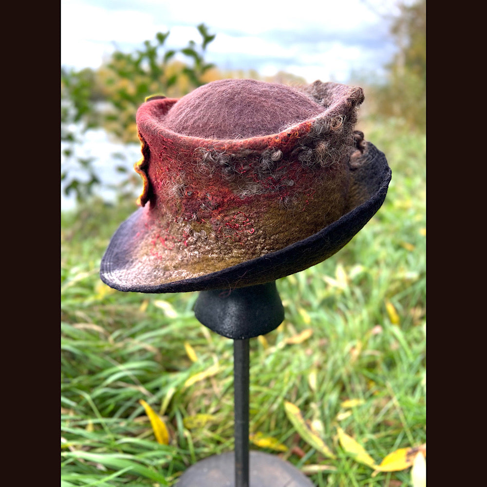 Felted top hat with leaves 23.5” medium