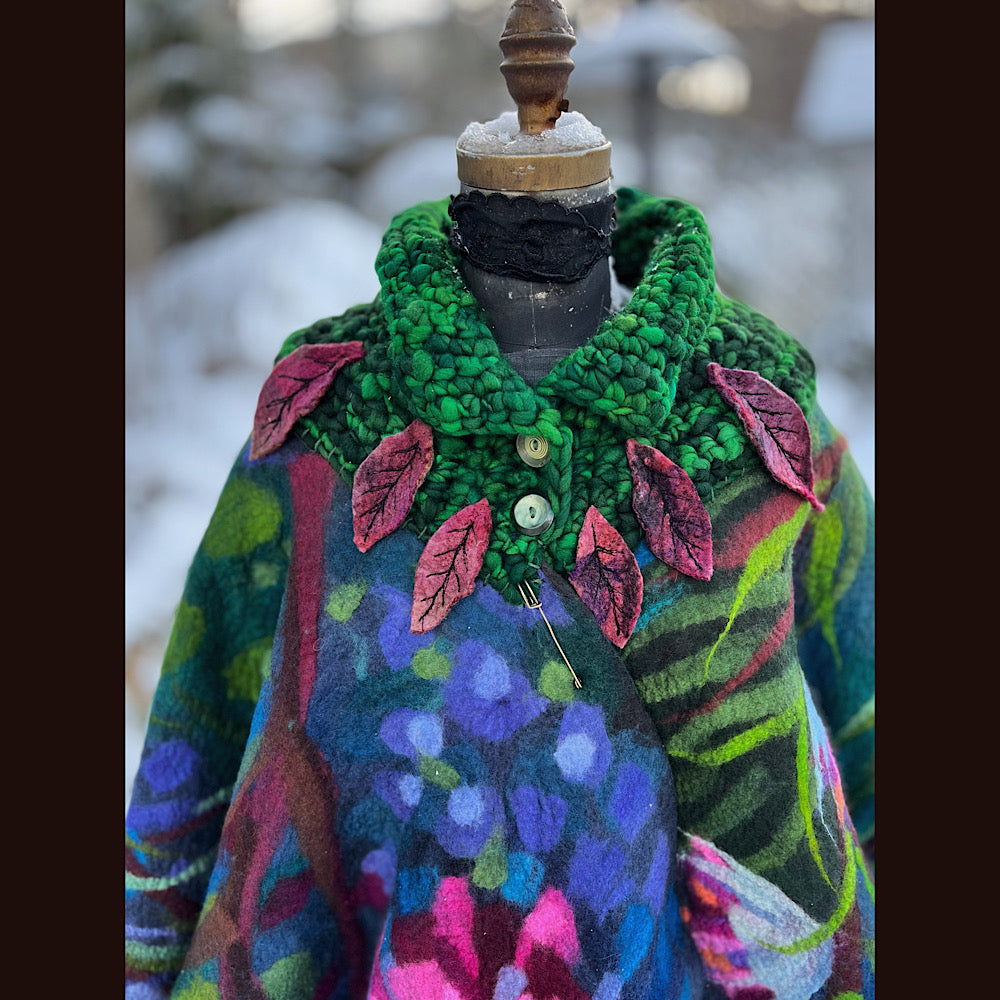 Felted cape coat with crochet collar