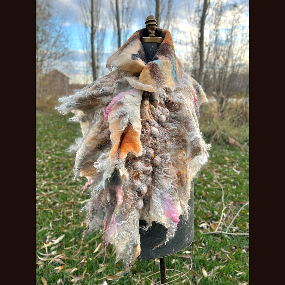 L’Esprit du bois 2024  felted shawl 72” X 22”