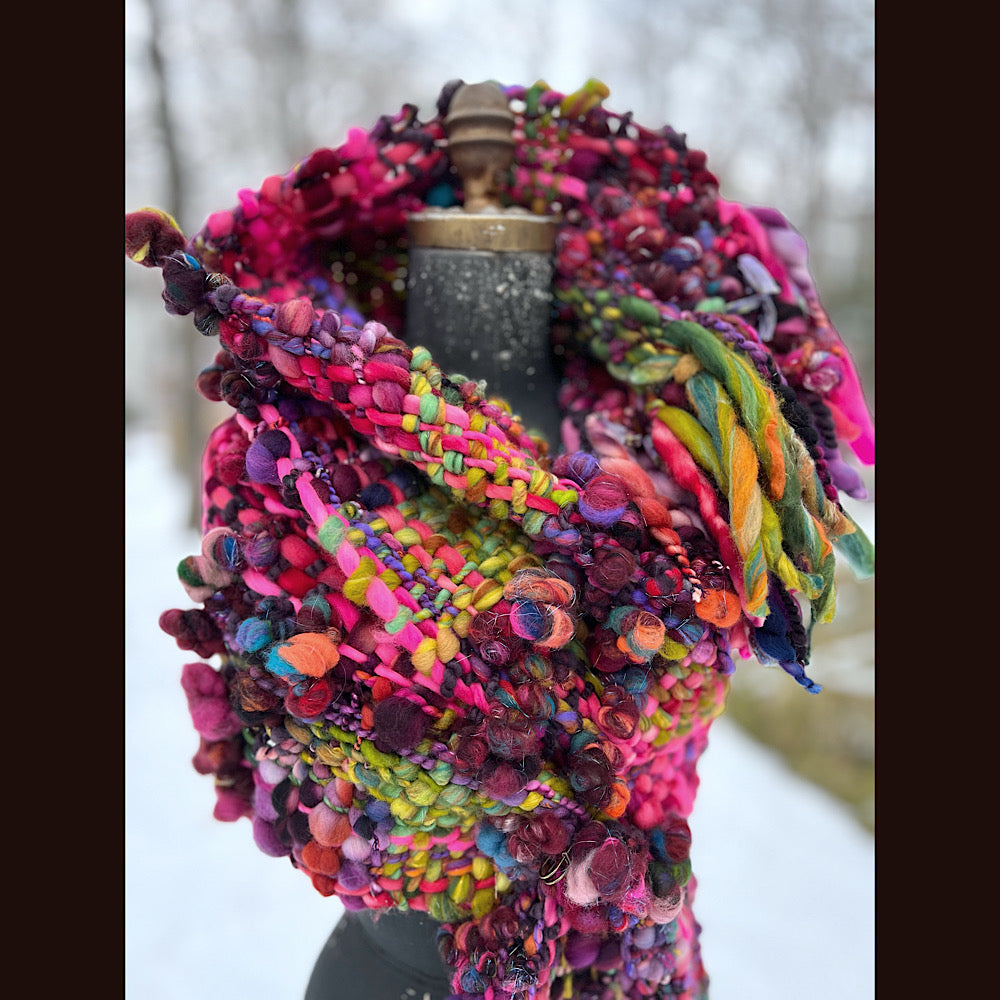 Happiness-  Woven art yarn Scarf 90” X 10”
