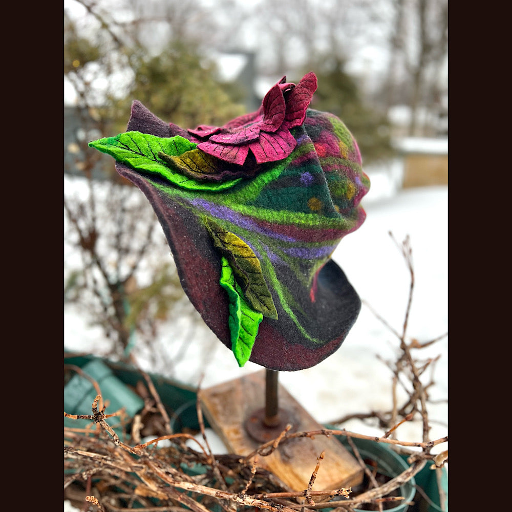 Felted top hat with rose 23” medium