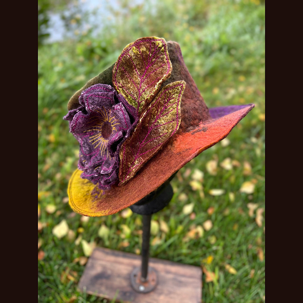 Felted top hat with rose 23.5” medium