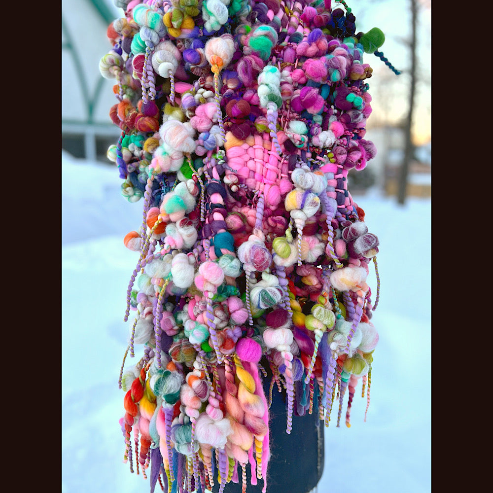 Frosted primroses woven art yarn Scarf 102” X 8” 1.6 pound!