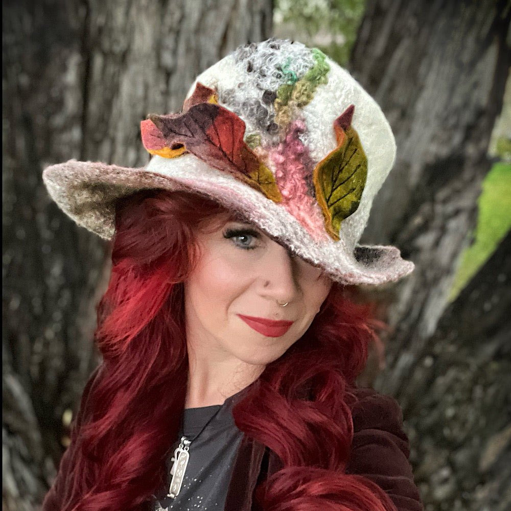 Felted top hat with leaves 23” medium