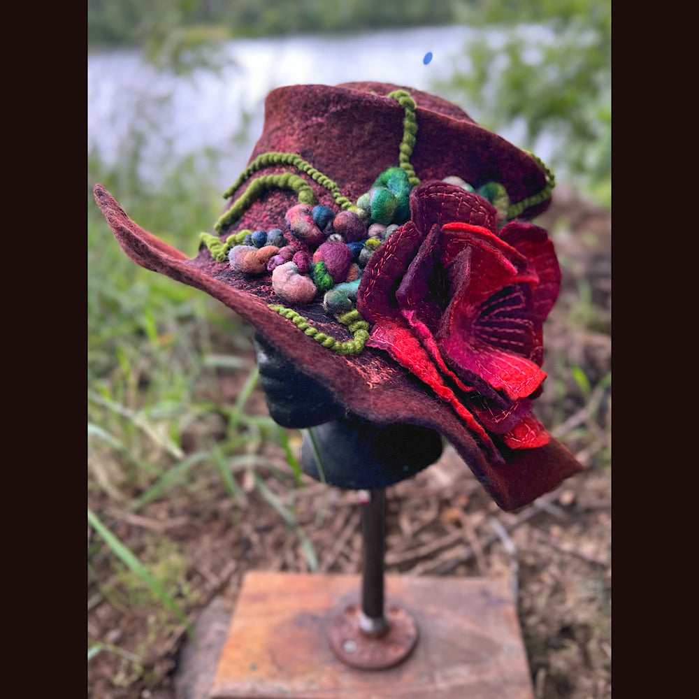 Felted top hat with rose 24” medium large