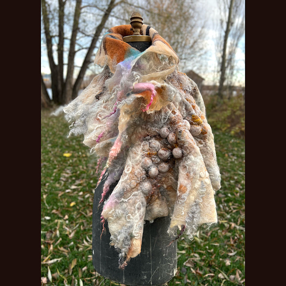 L’Esprit du bois 2024  felted shawl 72” X 22”