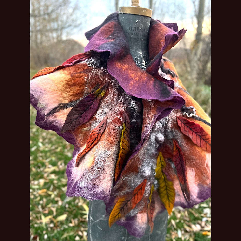 Autumn butterfly felted scarf 50” X 18”