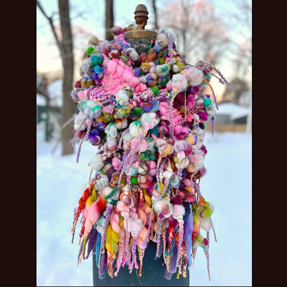 Frosted primroses woven art yarn Scarf 102” X 8” 1.6 pound!