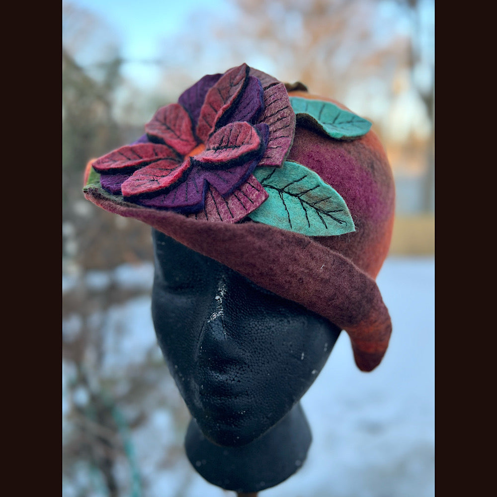 Felted mini cloche hat with flower 22” small