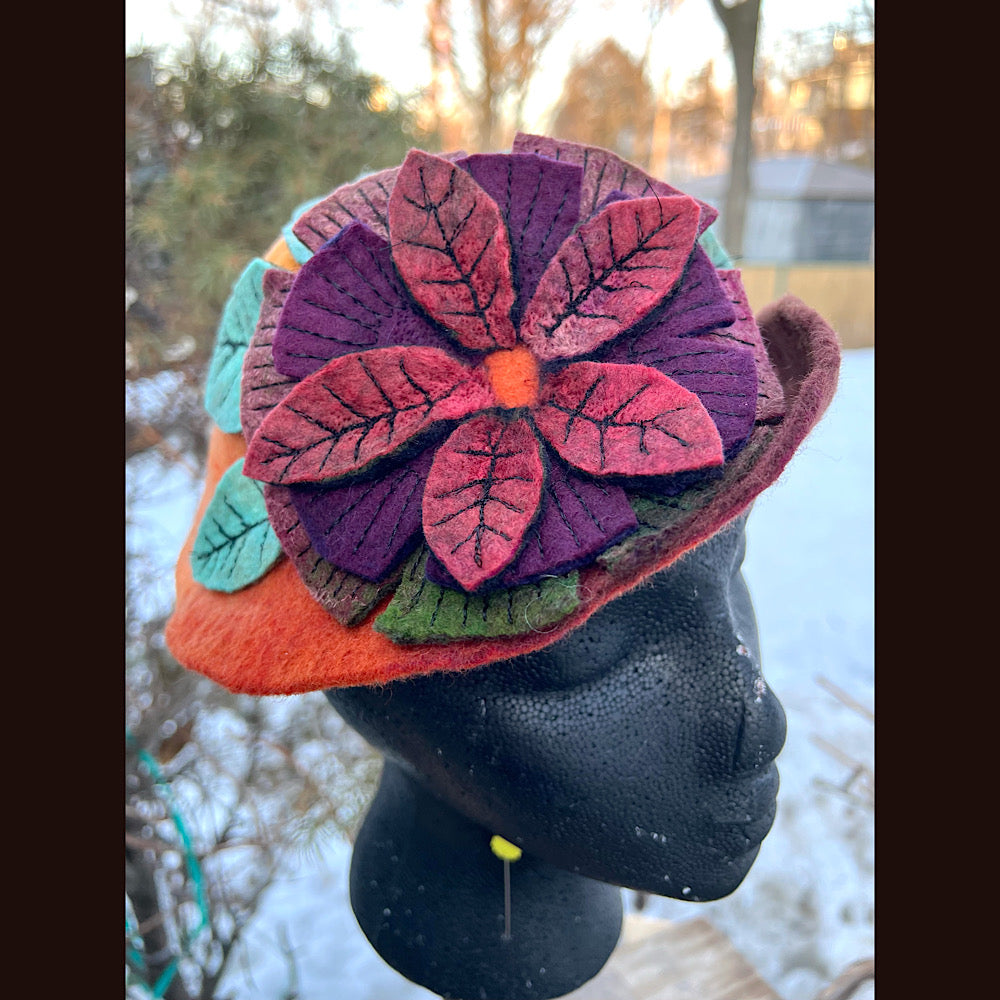 Felted mini cloche hat with flower 22” small