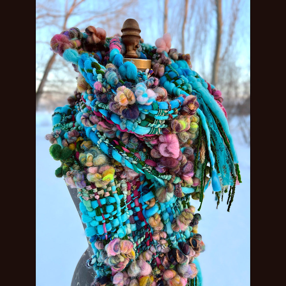 Woven scarf made of hand spun yarn 84” X 10”