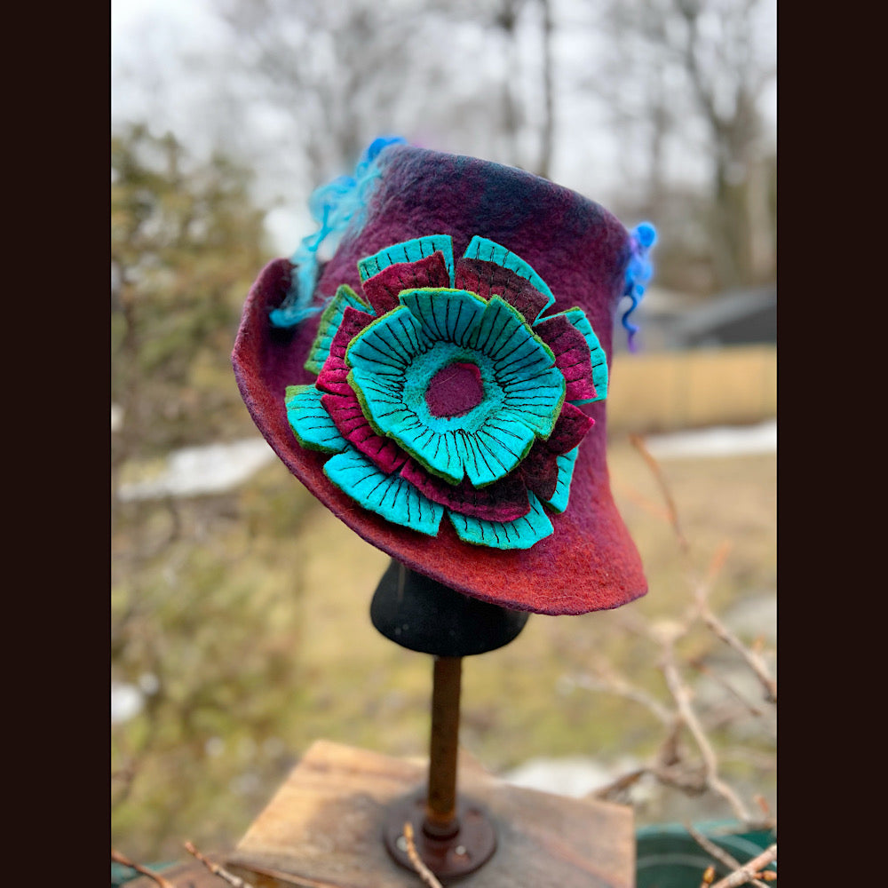 Felted top hat with flower 22” small