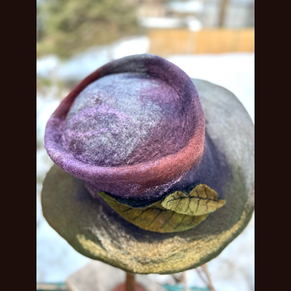 Felted top hat with leaves 23” 1/2 medium