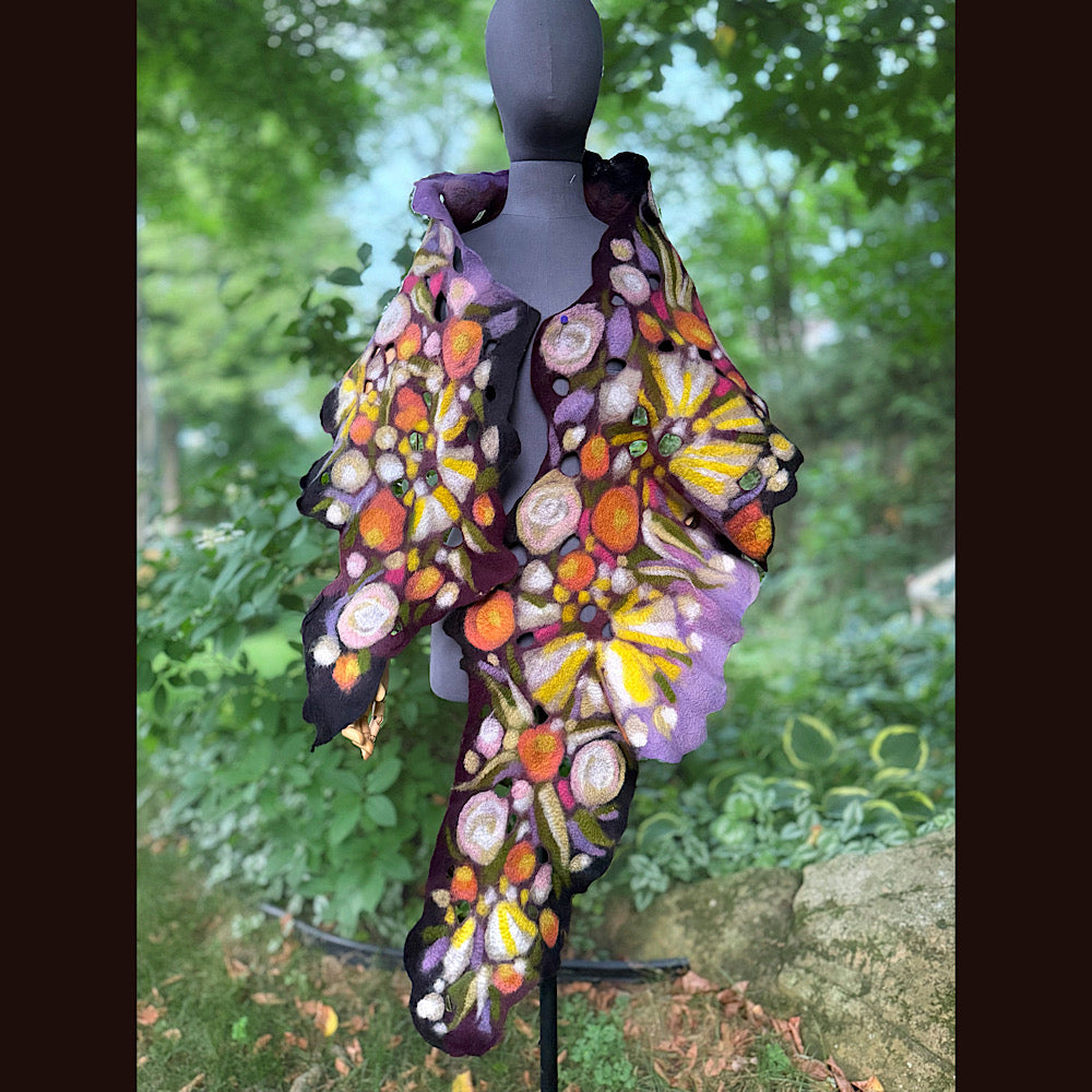 OOAK Handmade wool Felted Scarf 88” X 16” Original art work
