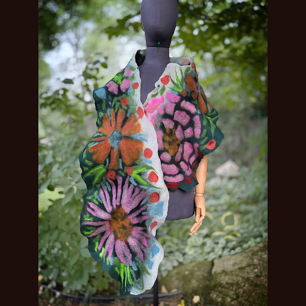 OOAK Handmade wool Felted Scarf 76” X 14”Original art work