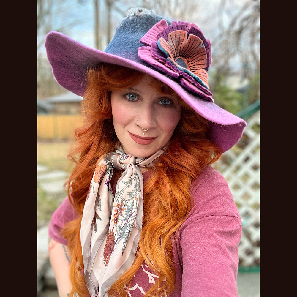 Felted top hat with rose 23” 1/2 medium