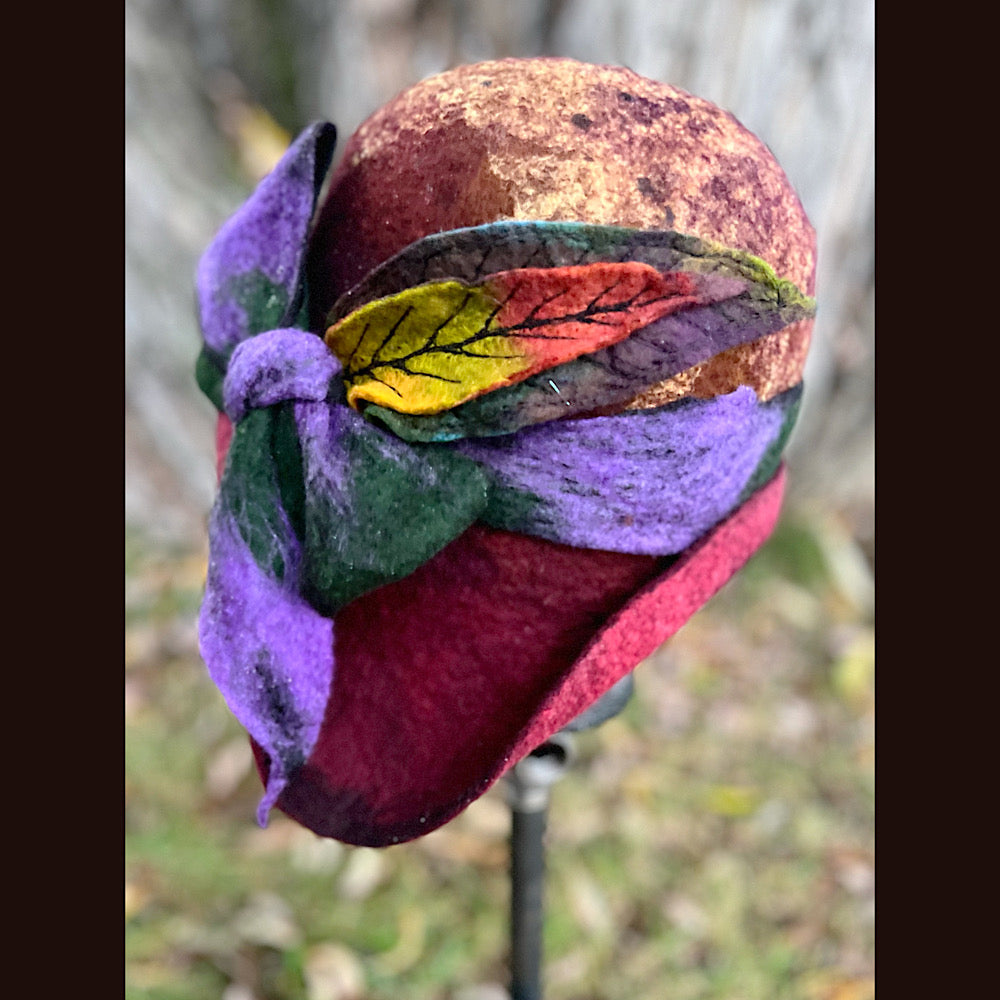 Felted cloche hat with leaves and bow 24” medium large