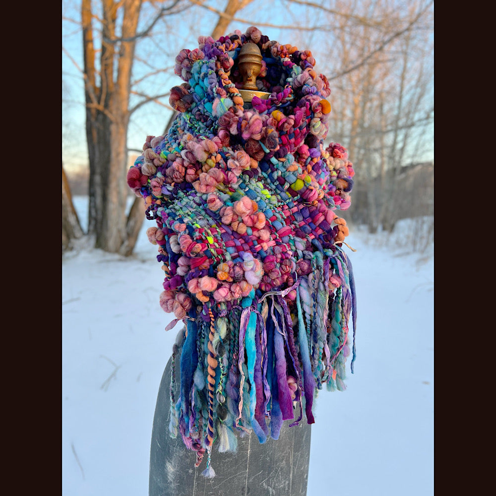 “Glorious innocence “ Woven scarf made of hand spun yarn 84” X 10”
